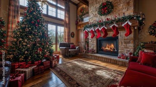 Cozy living room with a festive Christmas tree, stockings, and a warm fireplace, perfect for holiday gatherings and winter celebrations.