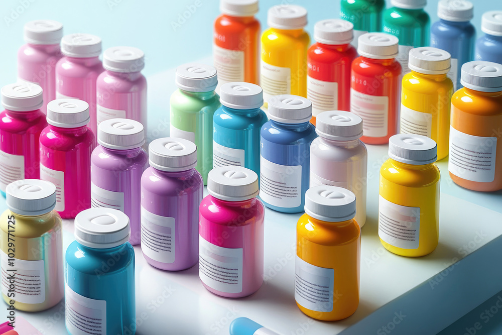 Colorful Vitamin Bottles Displayed on White Surface in Bright Light for Health Concept