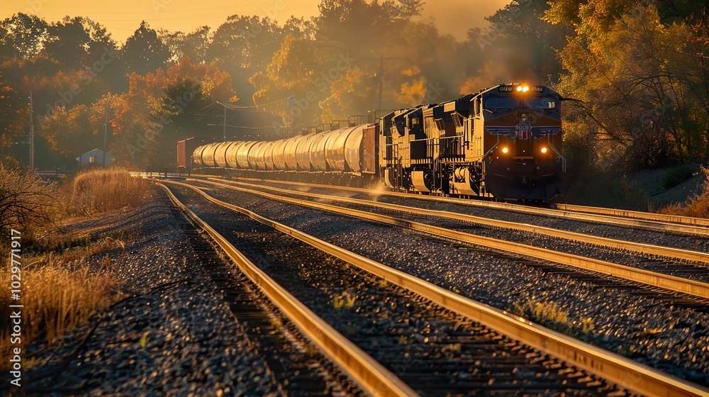 Freight Train Rolling Through Autumn Sunset Freight Train Rolling Through Autumn Sunset