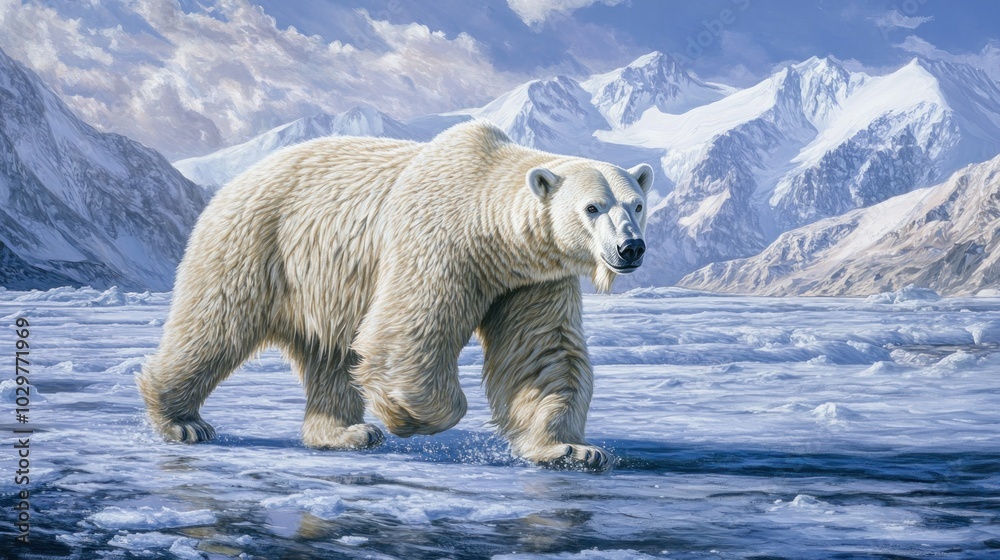 A majestic polar bear walks on the ice in front of snow-capped mountains. A majestic polar bear walks on the ice in front of snow-capped mountains.