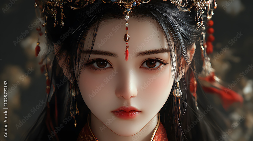 An Ancient Chinese Empress with Black Hair and Red Wear, Surrounded by Traditional Symbols of Power and Elegance.
An Ancient Chinese Empress with Black Hair and Red Wear, Surrounded by Traditional Symbols of Power and Elegance.