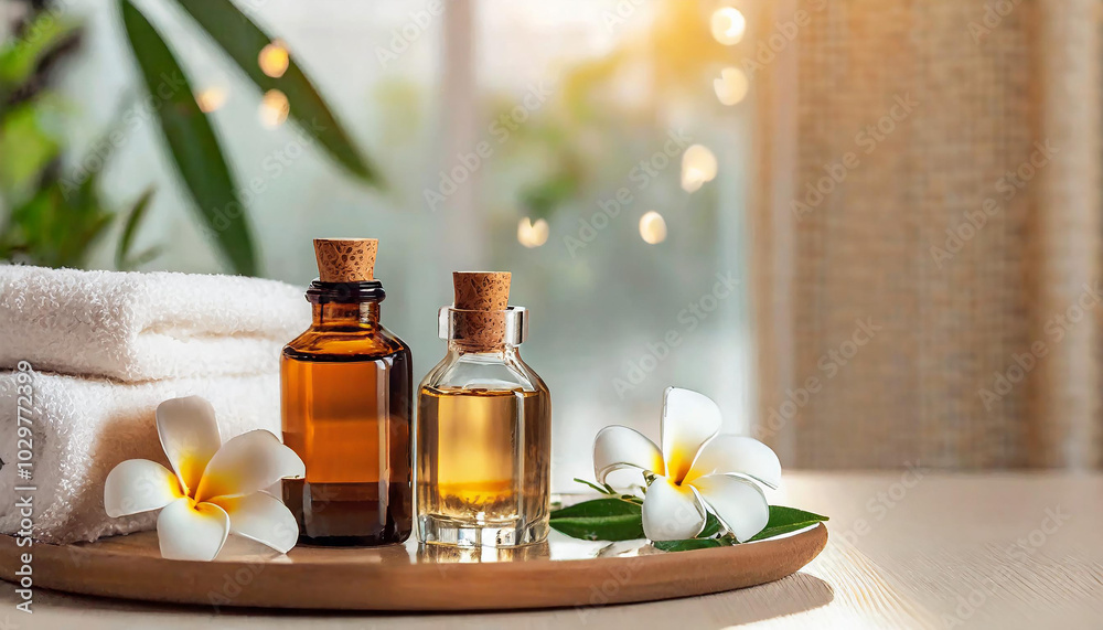 Bottles on the background of the spa room. Skin care serum or natural cosmetics with essential oil. face and body beauty concept. Spa concept. 