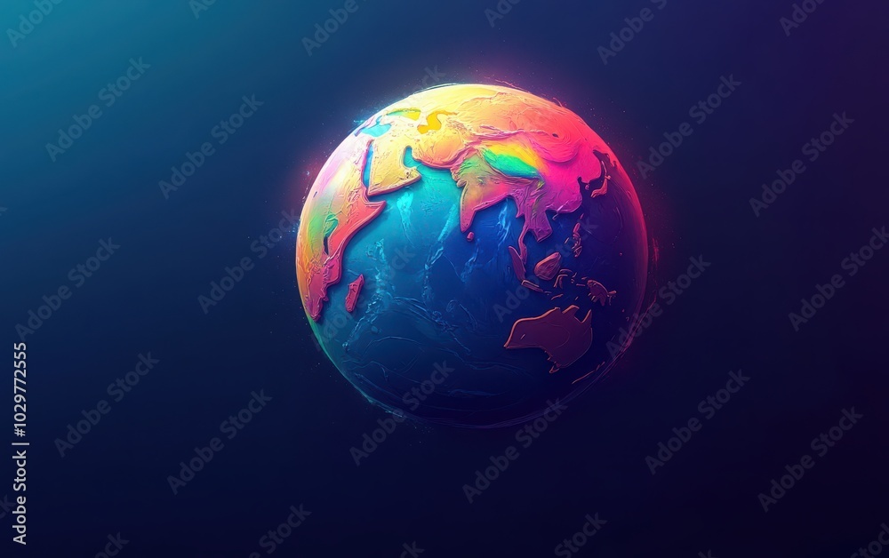 Obraz premium A stylized sphere representing the Earth, with vibrant colors highlighting the continents and blue oceans, set on a minimalist background 