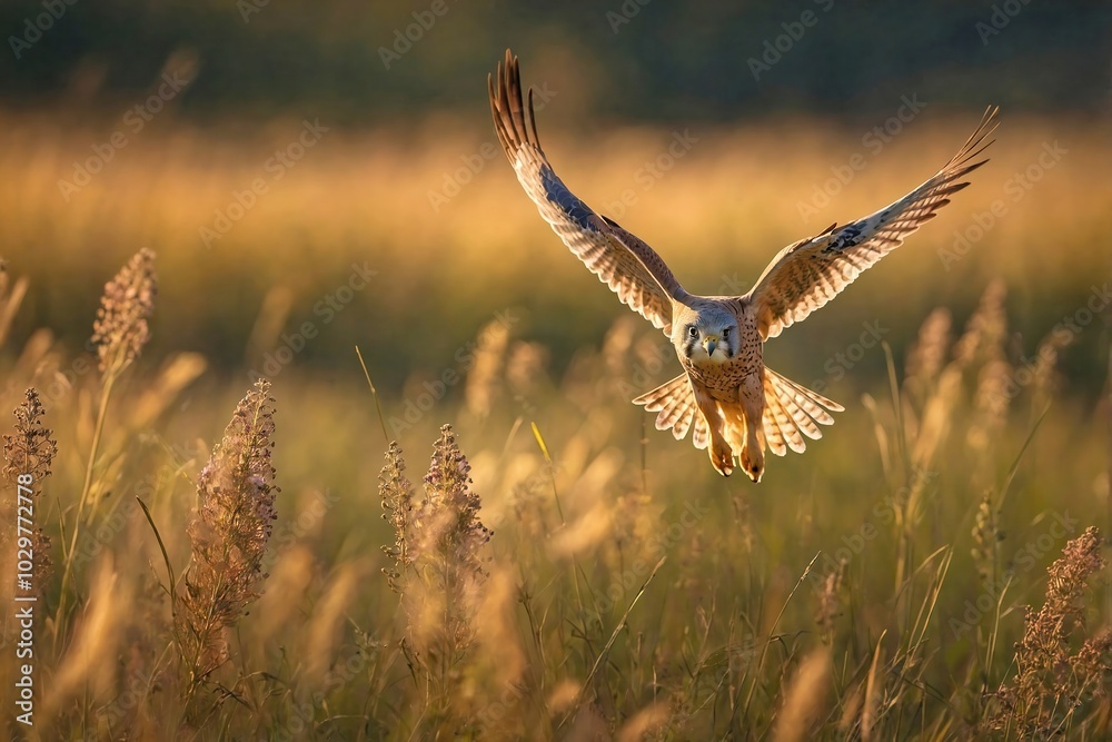 Fototapeta premium Kestrel Hovering Over a Sunlit Meadow