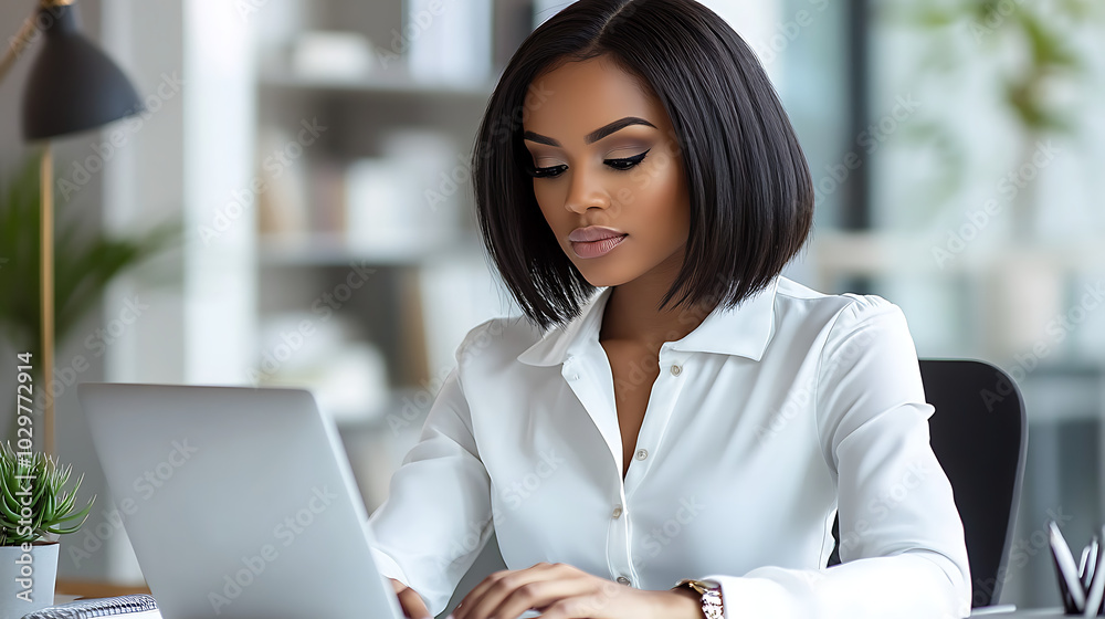 A woman is sitting at a desk with a laptop in front of her A woman is sitting at a desk with a laptop in front of her