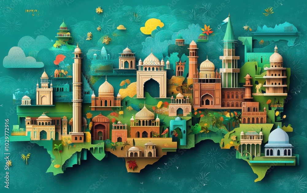 Naklejka premium A vibrant design celebrating Pakistan Day, showcasing monuments of Pakistan placed on a map of the country