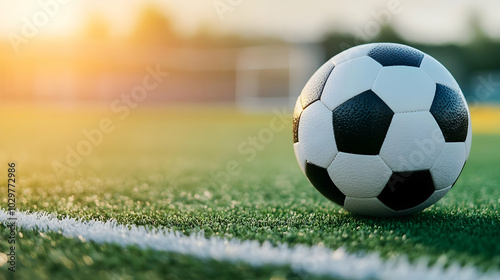 A close-up of a soccer ball on a vibrant green soccer field, illuminated by warm sunlight during a beautiful evening.