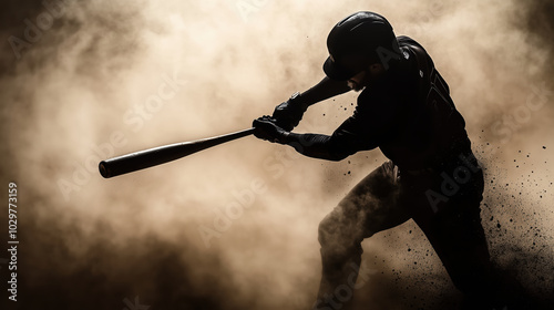 baseball player swings bat in dramatic, smoky atmosphere, capturing intensity of game. silhouette emphasizes strength and focus