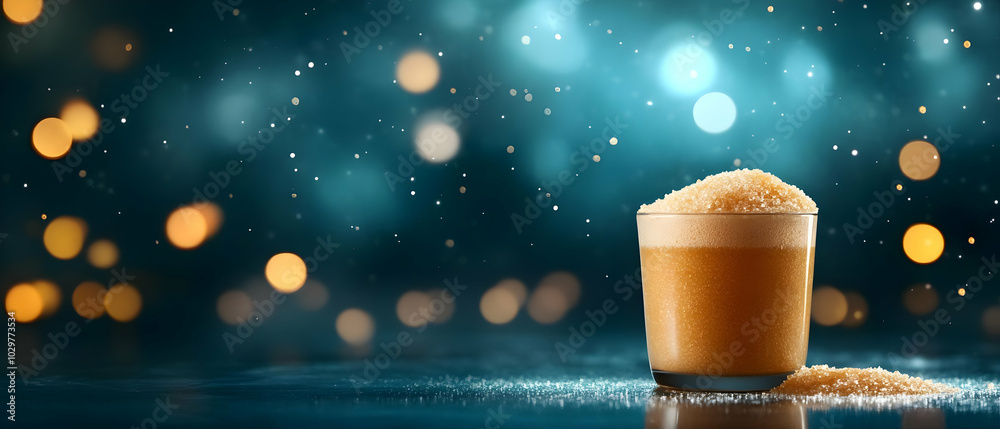 A delightful cup of coffee with brown sugar, set against a sparkling blue background, creating an inviting and warm atmosphere. A delightful cup of coffee with brown sugar, set against a sparkling blue background, creating an inviting and warm atmosphere.