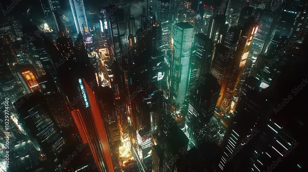 An aerial view of a futuristic city at night with glowing skyscrapers and neon lights. An aerial view of a futuristic city at night with glowing skyscrapers and neon lights.