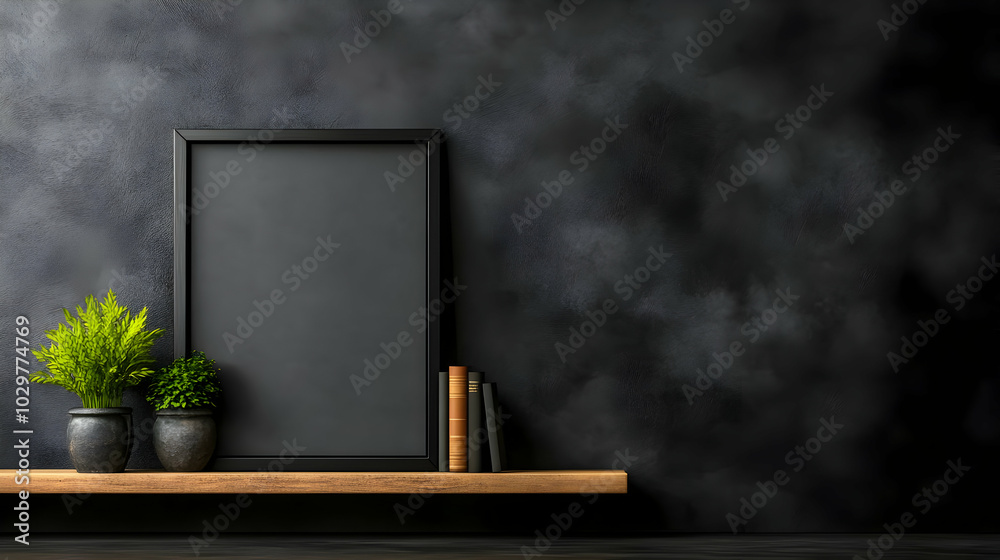 Minimalist interior with a black wall, empty frame on a shelf, potted plants, and books creating a serene atmosphere. Minimalist interior with a black wall, empty frame on a shelf, potted plants, and books creating a serene atmosphere.
