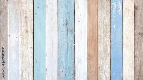 Rustic wooden wall with soft patina, featuring blend of light blue, white, and natural wood tones, creating warm and inviting atmosphere