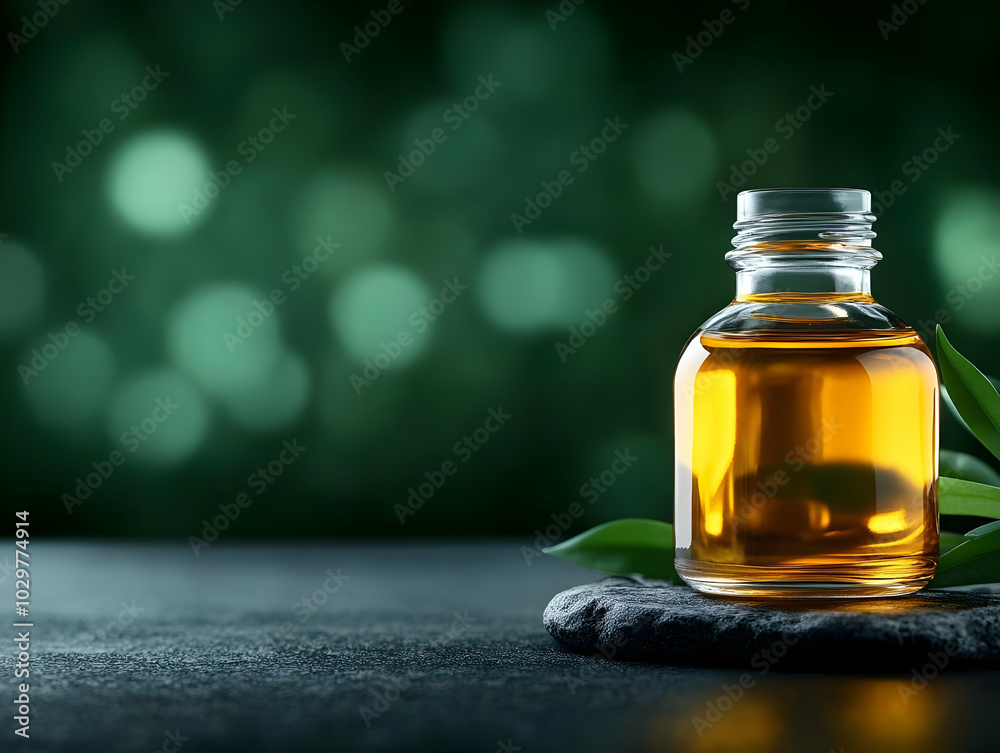 Glass bottle filled with golden oil, resting on a dark stone surface, against a softly blurred green background. Glass bottle filled with golden oil, resting on a dark stone surface, against a softly blurred green background.