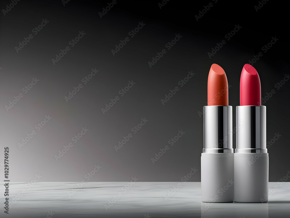 Two stylish lipsticks in vibrant colors on a sleek surface, perfect for beauty and makeup themes.