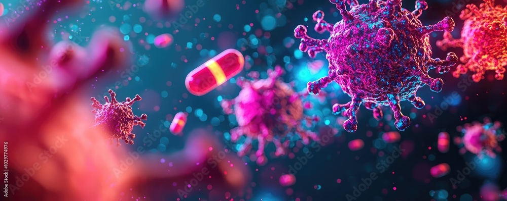 Close-up view of colorful viruses and a capsule, representing medical science and the battle against infectious diseases. Close-up view of colorful viruses and a capsule, representing medical science and the battle against infectious diseases.