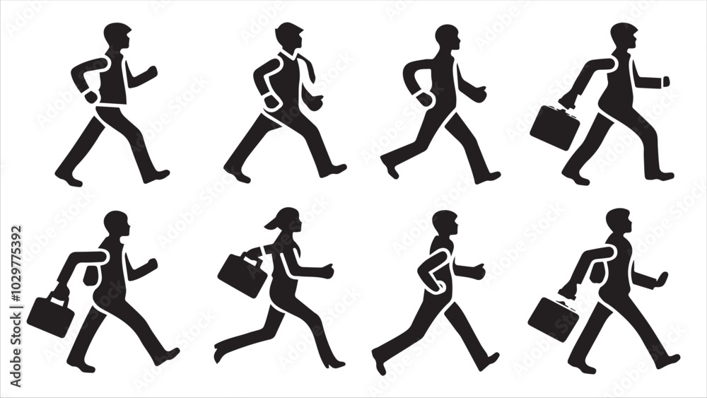 Set of simple monotone black icon of a minimalist icon of a human running with a briefcase in hand, on white background.
