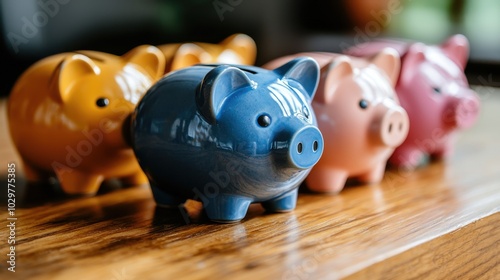 A row of colorful piggy banks, including blue, yellow, and pink, neatly arranged on a wooden table, symbolizing saving and financial planning. photo