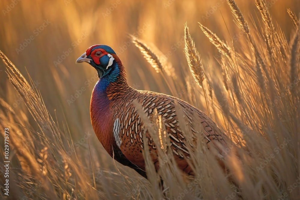 Fototapeta premium Pheasant in a Field of Tall Wild Grasses