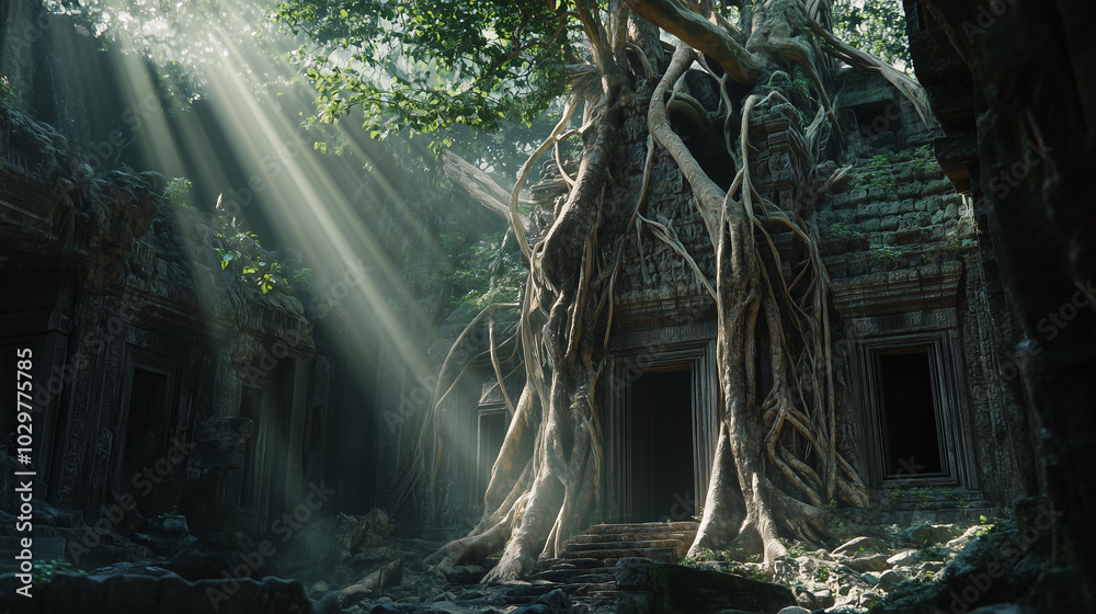 Ancient temple ruins overgrown with jungle vegetation, massive tree ...