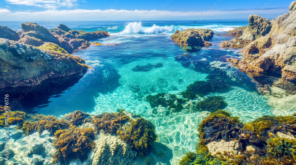 Crystal-clear tidal pools filled with colorful marine life along a rugged coastline.