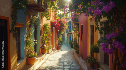 A narrow cobblestone alleyway winding through a colorful Mediterranean village. v2