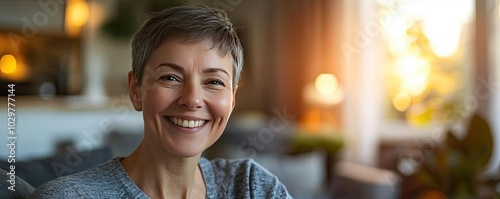 Smiling woman in cozy living room, natural light creates warm atmosphere.