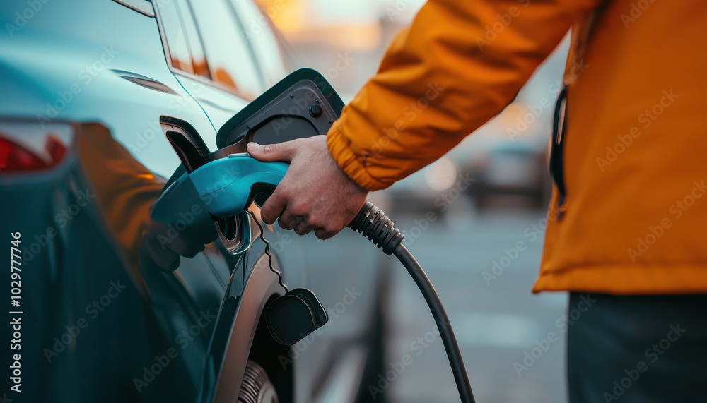 Electric vehicle charging hand, modern technology, eco-friendly transport. Electric vehicle charging hand, modern technology, eco-friendly transport.