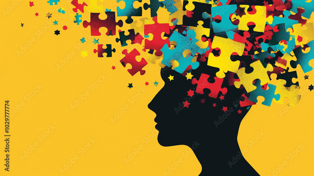 Abstract silhouette of a head with colorful puzzle pieces representing mental health Abstract silhouette of a head with colorful puzzle pieces representing mental health