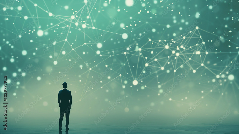 Fototapeta premium Man standing alone in a digital network environment with connected data points