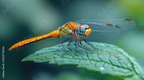 A dragonfly perched on the edge of a green leaf photo