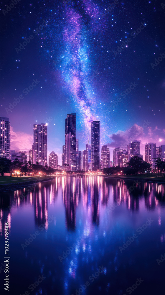 Fototapeta premium Milky way galaxy with stars and space dust in the universe over the night city