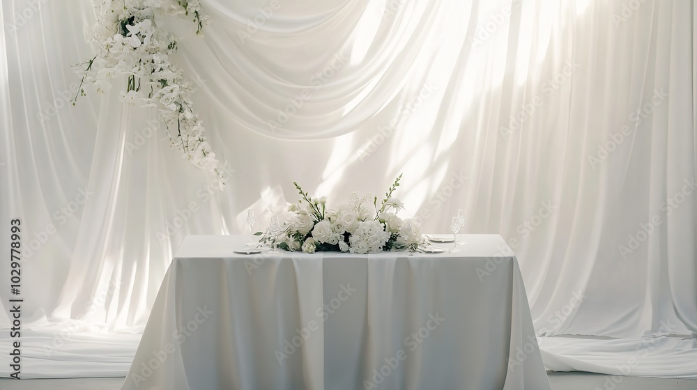 Elegant wedding banquet table for the bride and groom, featuring a minimalist design with a white tablecloth, fresh floral arrangements, and delicate decorations. Elegant wedding banquet table for the bride and groom, featuring a minimalist design with a white tablecloth, fresh floral arrangements, and delicate decorations.