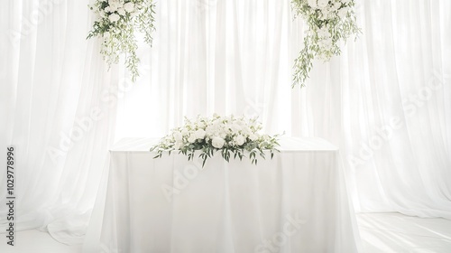 Elegant wedding banquet table for the bride and groom, featuring a minimalist design with a white tablecloth, fresh floral arrangements, and delicate decorations. 