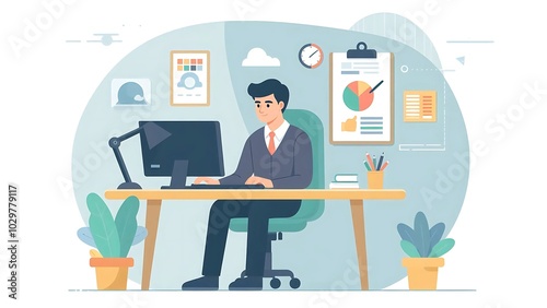Man Working on Computer in a Modern Office, business vector illustration