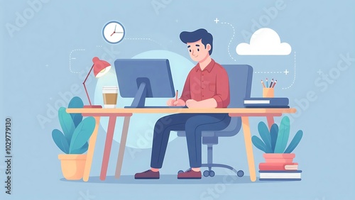 Man Writing at Desk in a Comfortable Office, business vector illustration