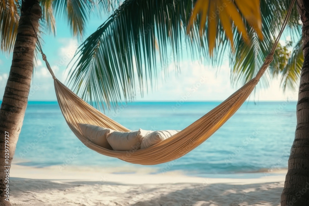 Palm tree with a hammock at a tropical beach Palm tree with a hammock at a tropical beach