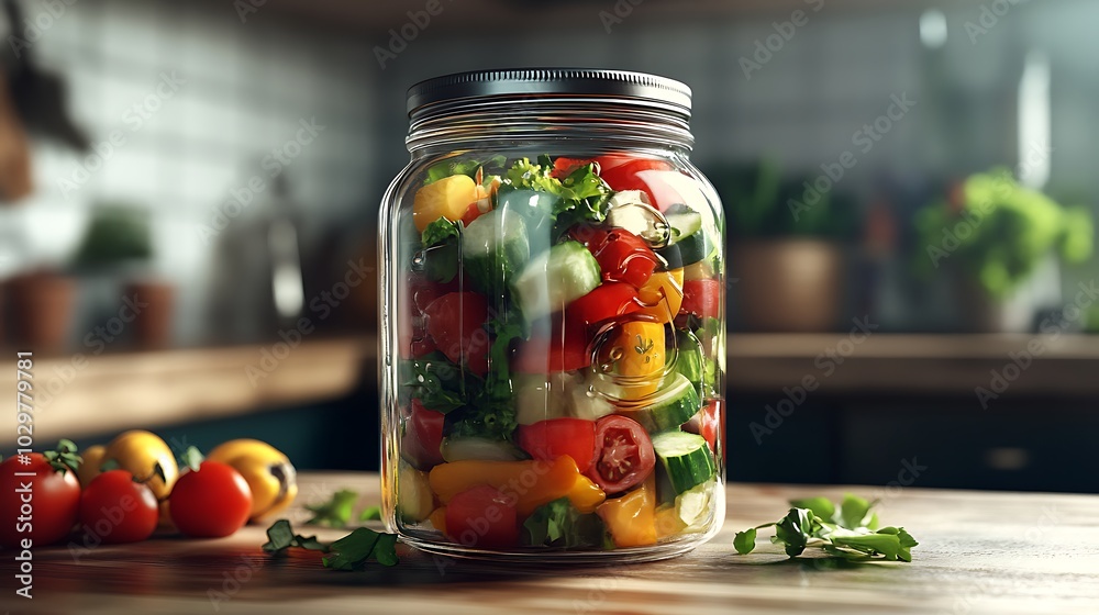 Fresh vegetable salad in glass jar on kitchen table. Fresh vegetable salad in glass jar on kitchen table.
