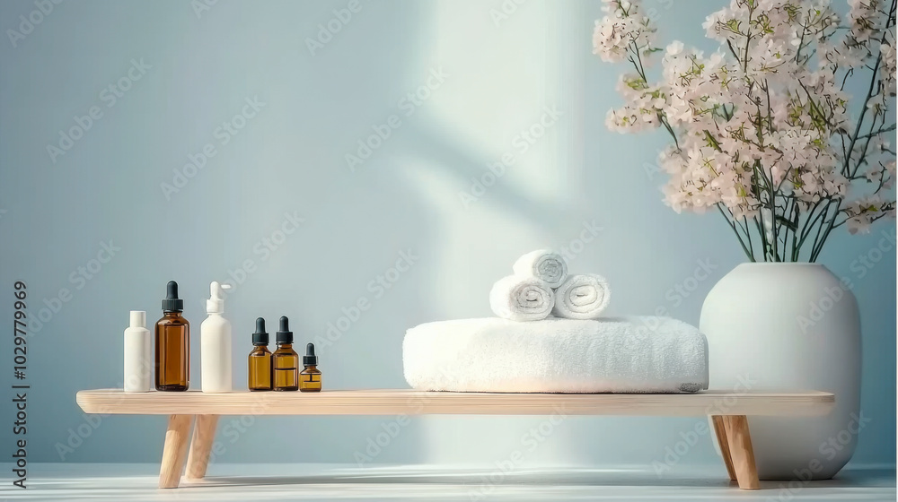 serene spa minimalist table, essential oils, and a floral arrangement serene spa minimalist table, essential oils, and a floral arrangement