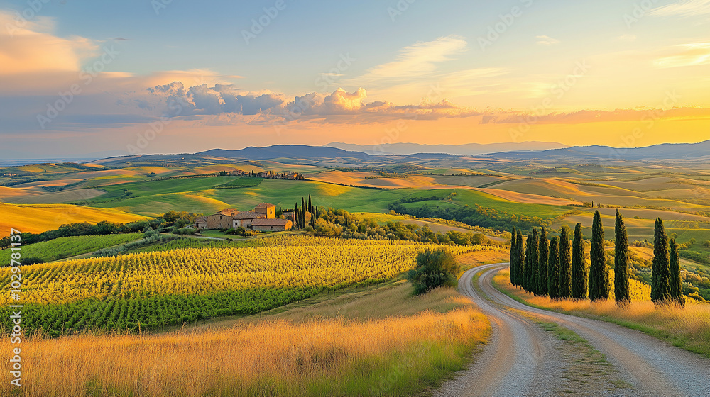 Fototapeta premium A panoramic view of Tuscany’s rolling hills at sunset, with golden vineyards stretching across the landscape.