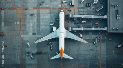 Top view of a clean commercial airplane parked at an airport terminal