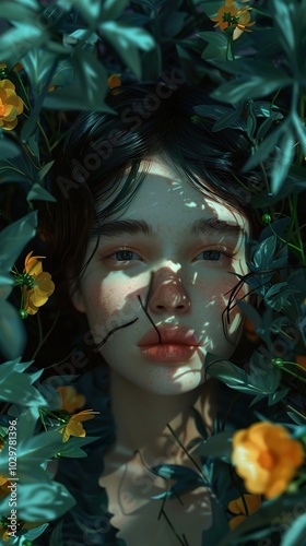 Woman's Face Hidden in Flowers, Nature Portrait