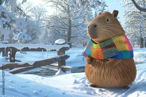 Playful 3D cartoon capybara with a colorful scarf, standing in a snowy landscape, created by ai