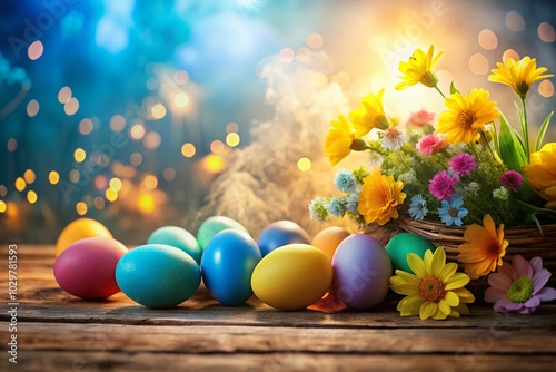 Colorful Easter Eggs and Spring Flowers in Morning Haze for Vibrant Easter Card Design