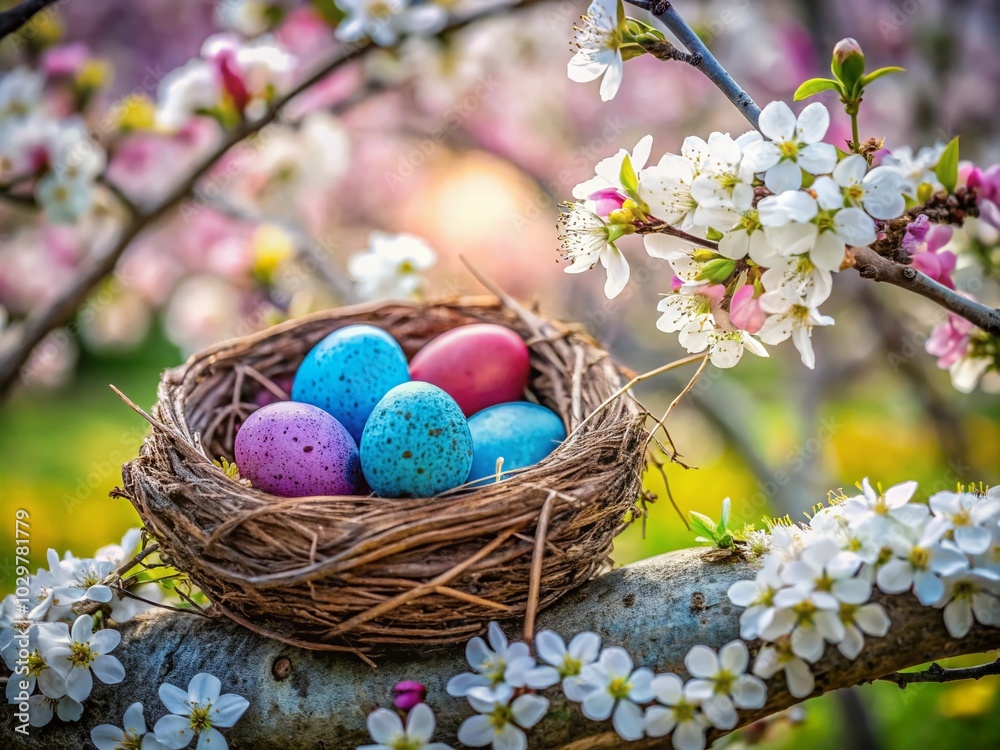 Colorful Easter Eggs in Bird Nest on Blossoming Plum Tree - Spring Celebration Colorful Easter Eggs in Bird Nest on Blossoming Plum Tree - Spring Celebration
