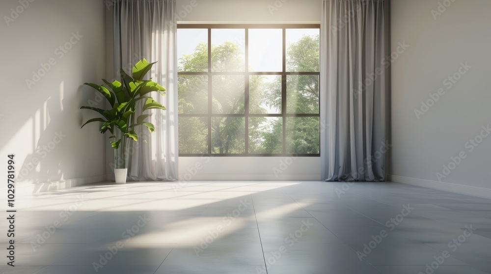 A large window with a plant in a white room. The room is empty and has a clean, minimalist look A large window with a plant in a white room. The room is empty and has a clean, minimalist look