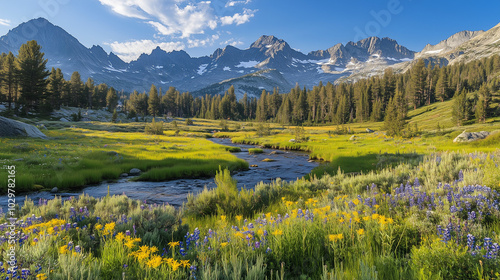 A vibrant meadow nestled in the foothills of towering, snow-capped mountains, with wildflowers in full bloom