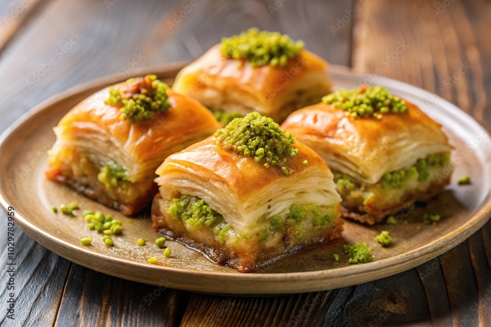 Turkish dessert baklava with pistachios on a plate macro Turkish dessert baklava with pistachios on a plate macro