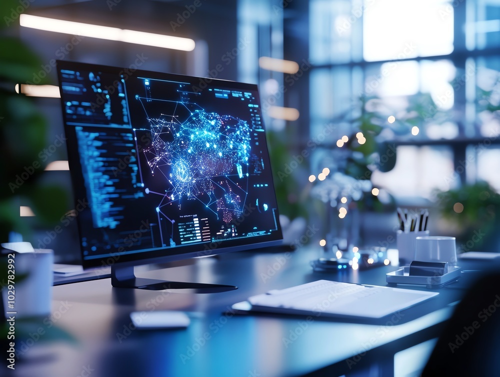 A futuristic office environment where employees are using AIdriven software, virtual reality headsets, and smart assistants for daily tasks A futuristic office environment where employees are using AIdriven software, virtual reality headsets, and smart assistants for daily tasks