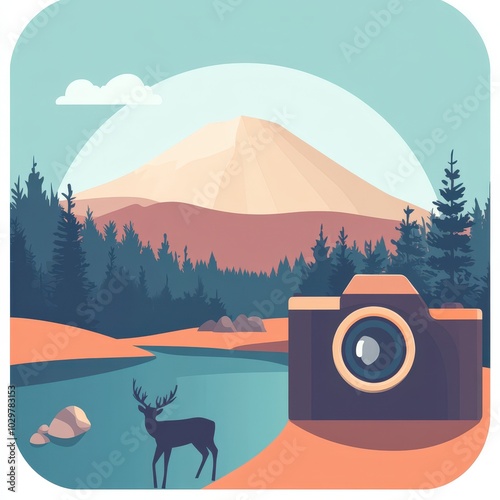 A picturesque landscape featuring a mountain, river, camera, and deer, capturing the beauty of nature. mobile application icons photo