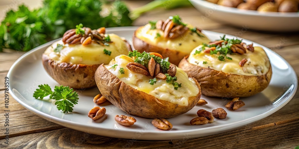 Baked potato skins with creamy cheese, crispy nuts, and fresh herbs, arranged on a white plate with a rustic wooden background.
